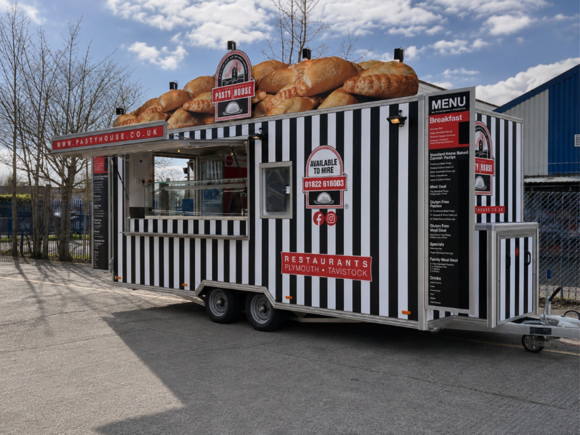 Pastry House bespoke pasty catering trailer with black-and-white branded exterior, rooftop product display, menu boards and serving hatch.